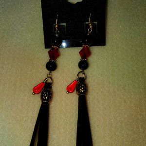 Red Bicone , Black Glass Pearl & Gold Metal Flower Bead& Suede Tassel Earrings.